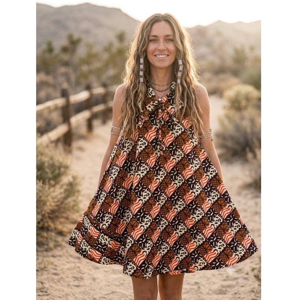 Vintage 70s African Bow Mini Swing Dress Medium Boho Geometric Mod Trapeze